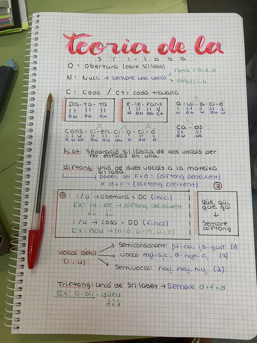 Una llibreta amb el mètode copiat a mà: obertura, nucli, coda i coda travada, amb els exemples pa-ta-ta, e-le-fant i cons-ci-en-ci-a-ci-ó.