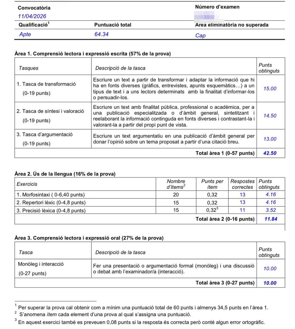 Un dels certificats de notes que m'han fet arribar: un C2 amb la qualificació d'Apte. El número d'examen va tapat.