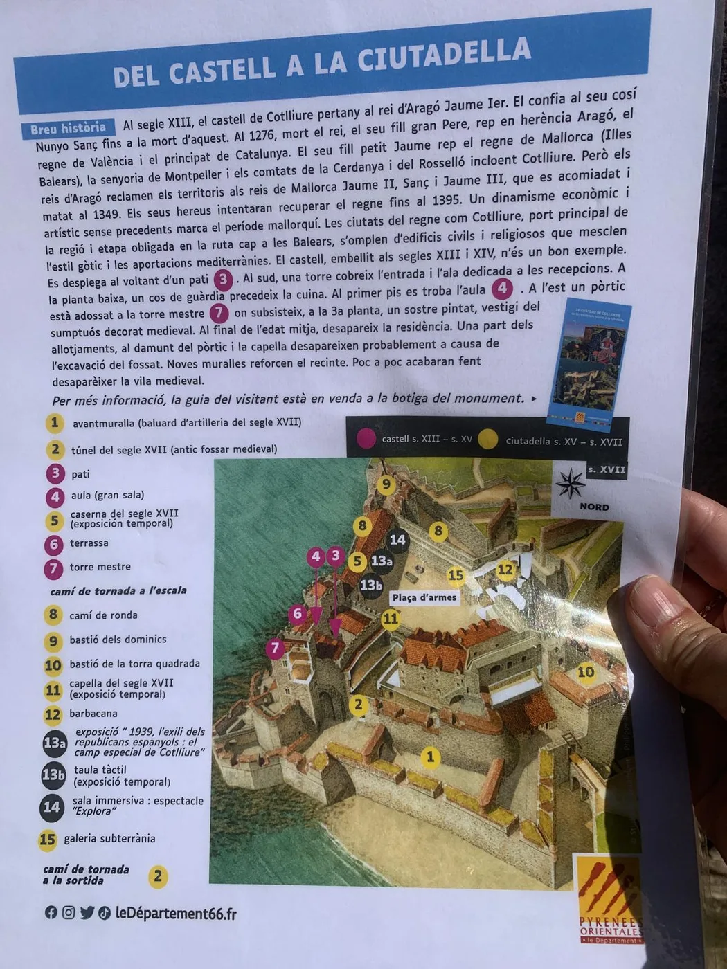 El segon full, «Del castell a la ciutadella», amb el recorregut de la visita.